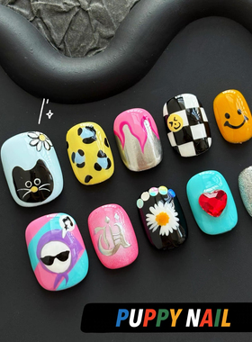 权志龙GD应援美甲手绘中性穿戴甲暗黑格子小雏菊复古韩国涂鸦塑料