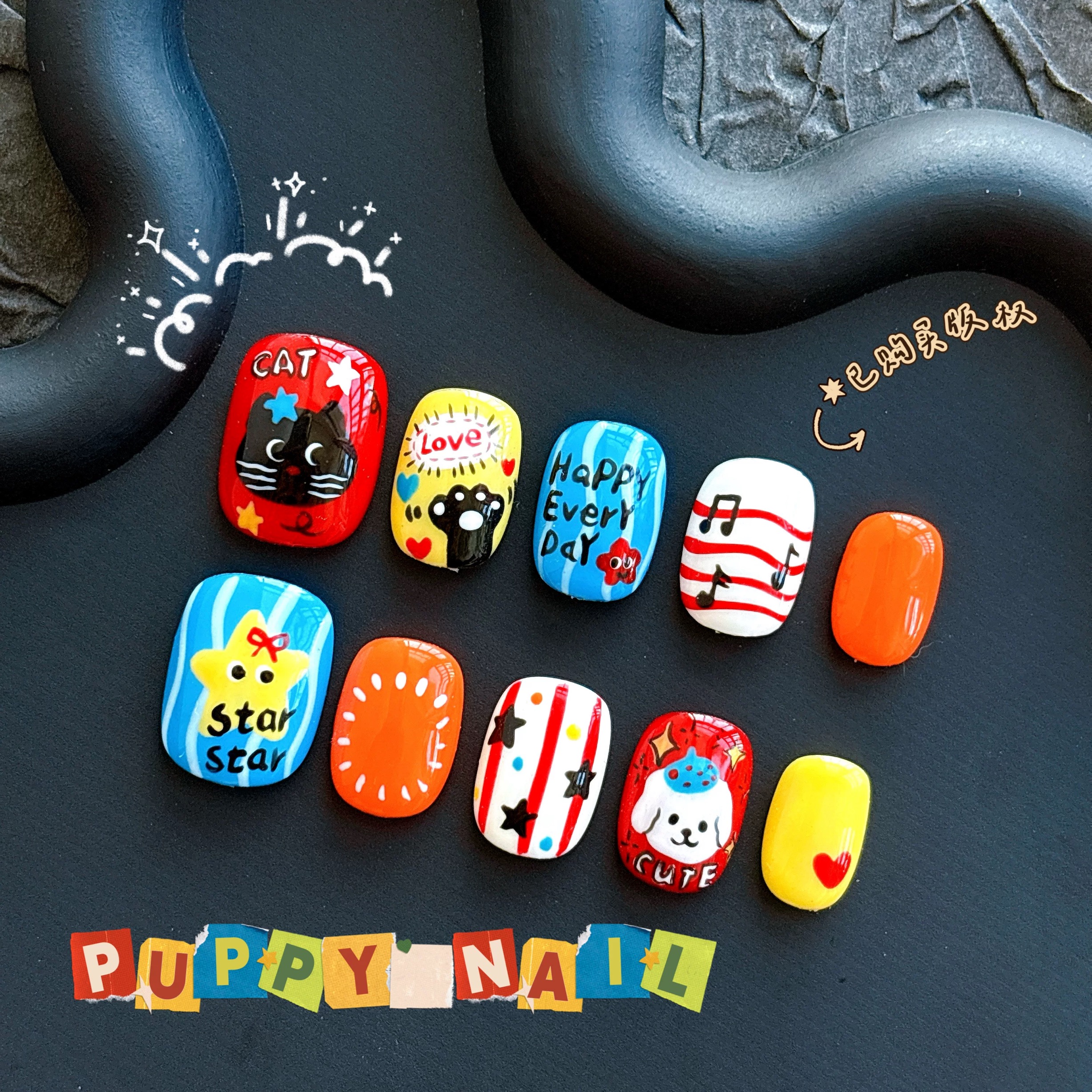 小猫手绘卡通美甲可爱卡通多巴胺