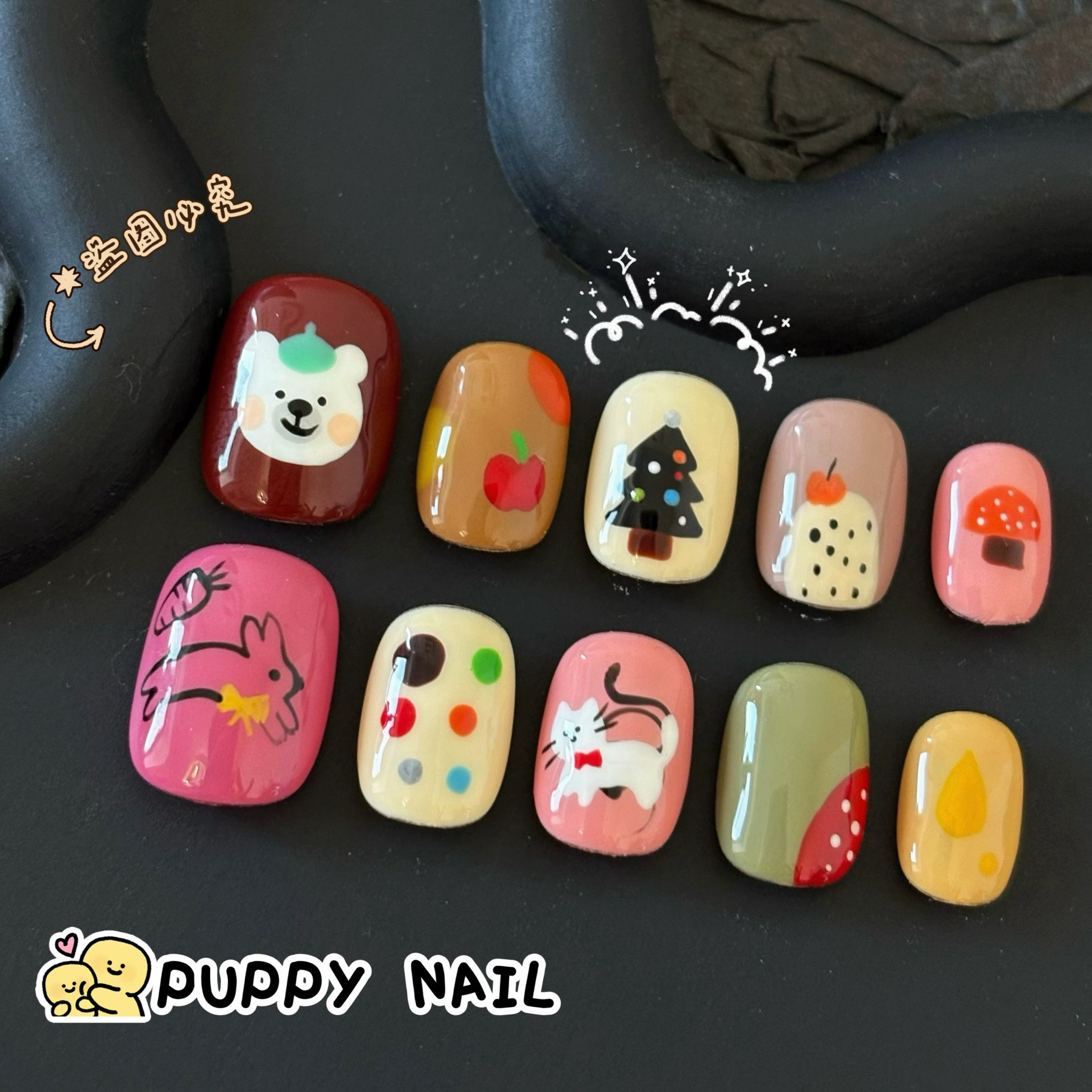可爱短款美甲圣诞ins猫咪小熊兔