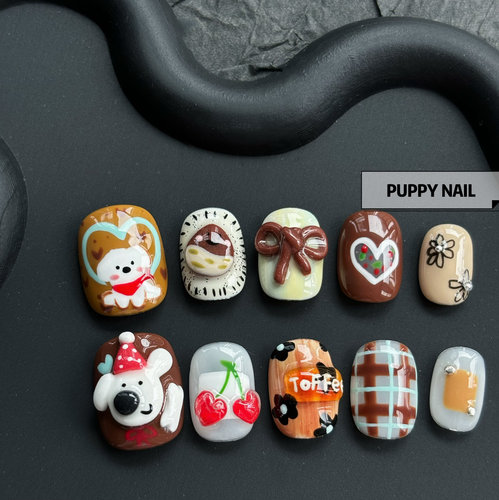 PUPPY家 焦糖栗子小狗～手绘可爱捏捏秋冬款美甲美拉德穿戴甲新年