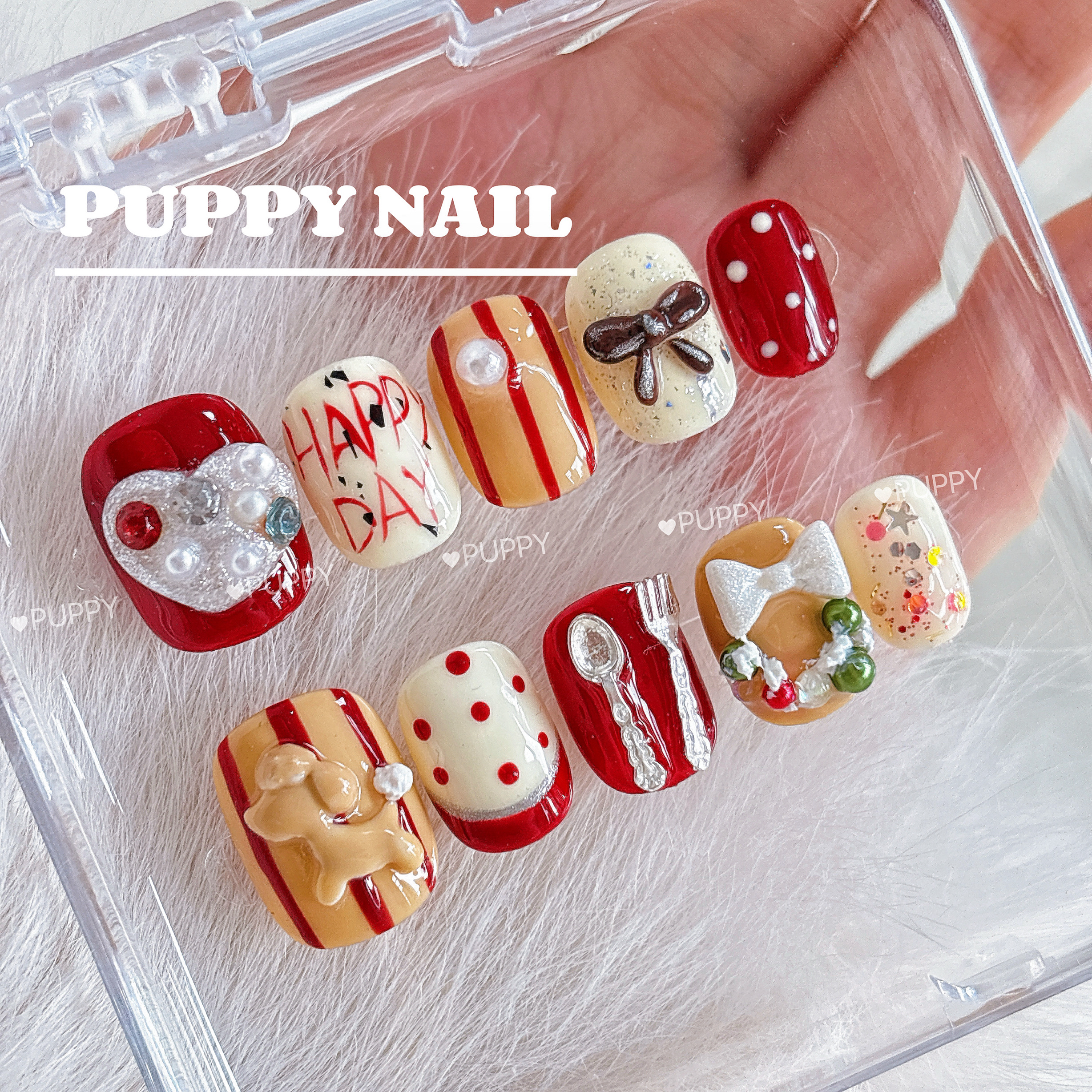 PUPPY家 新年茶花会纯手工穿戴甲红色圣诞美甲显白ins波点法式