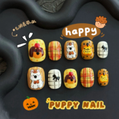 南瓜小狗西高地秋冬手绘美甲美拉德格子元 素穿戴甲黄色万圣节短甲