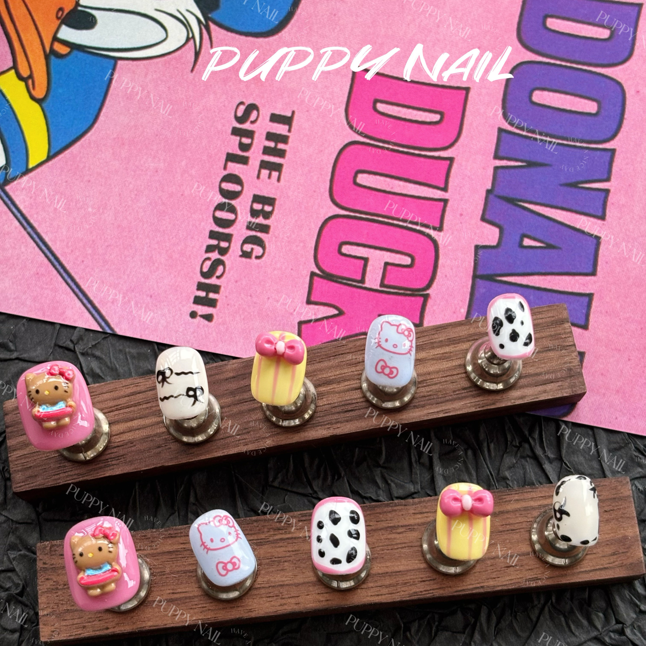 PUPPY家 粉色黑皮kitty穿戴甲卡通可爱小短甲手绘蝴蝶结美甲