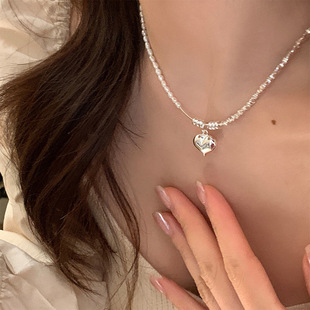 巴黎设计师 复古珍珠碎银子金属爱心项链女简约百搭颈链锁骨链