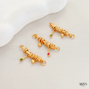 铜镀真金古法盘圈双耳连接件吊坠diy手工手链项链双吊串饰品配件