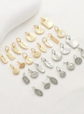 14K包金保色英文字母复古头像吊牌吊坠diy手链项链延长链尾链配件