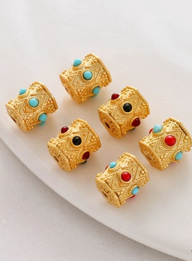 18K哑金保色镶绿松红绿宝石六角通孔镂空隔珠diy手链项链串饰配件