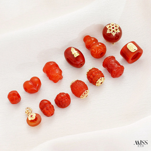 天然红翡红玛瑙葫芦屁桃貔貅无相珠六字箴言云纹隔珠diy饰品配件