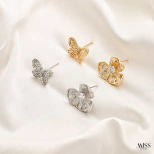 14K包金保色镶锆石花朵花蕊蝴蝶带吊耳钉耳环diy珍珠流苏耳饰配件