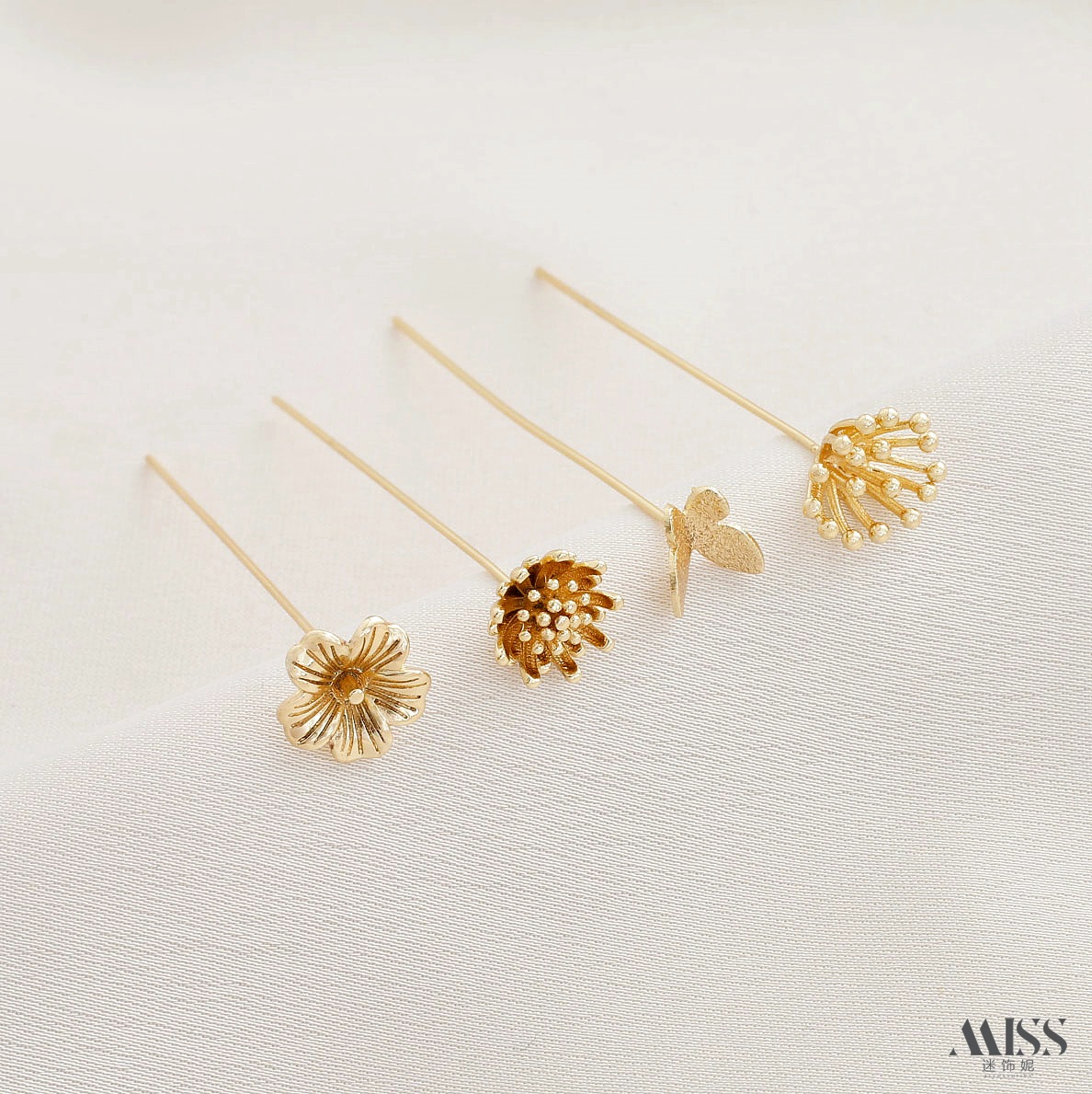 14K包金保色花蕊蝴蝶花朵珠针花式T针diy手工串珠珍珠首饰品配件