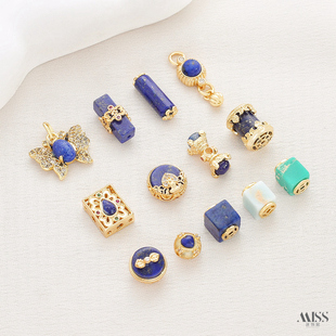 镶嵌天然青金石细管方柱蝴蝶爱心金刚杵红桃K隔珠吊坠diy串饰配件