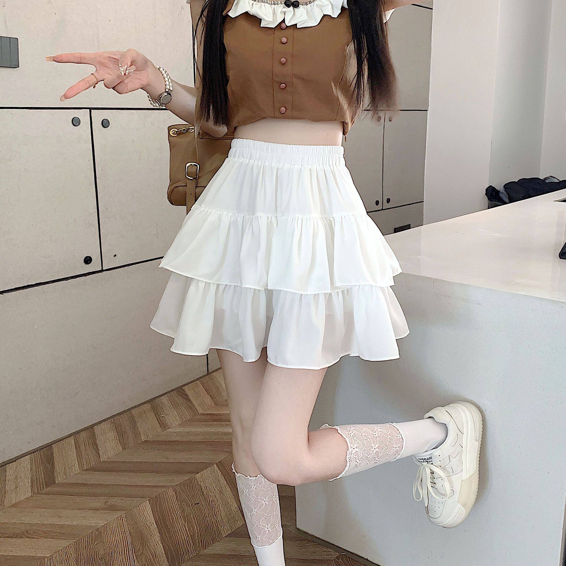 蛋糕裙女春夏新款高腰甜美蓬蓬短裙高腰a字显瘦小个子双层花边裙