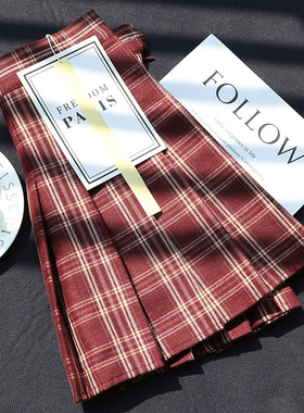 格子百褶裙女高腰复古春秋冬短款磨毛面料a字半身裙显瘦红色短裙