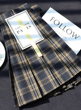 格子百褶裙女春秋冬高腰复古磨毛呢a字半身裙显瘦黄色百搭短裙裤