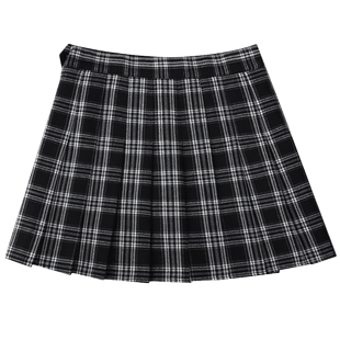 黑色格子百褶裙女短款高腰美式复古春秋磨毛a字半身裙显瘦短裙裤
