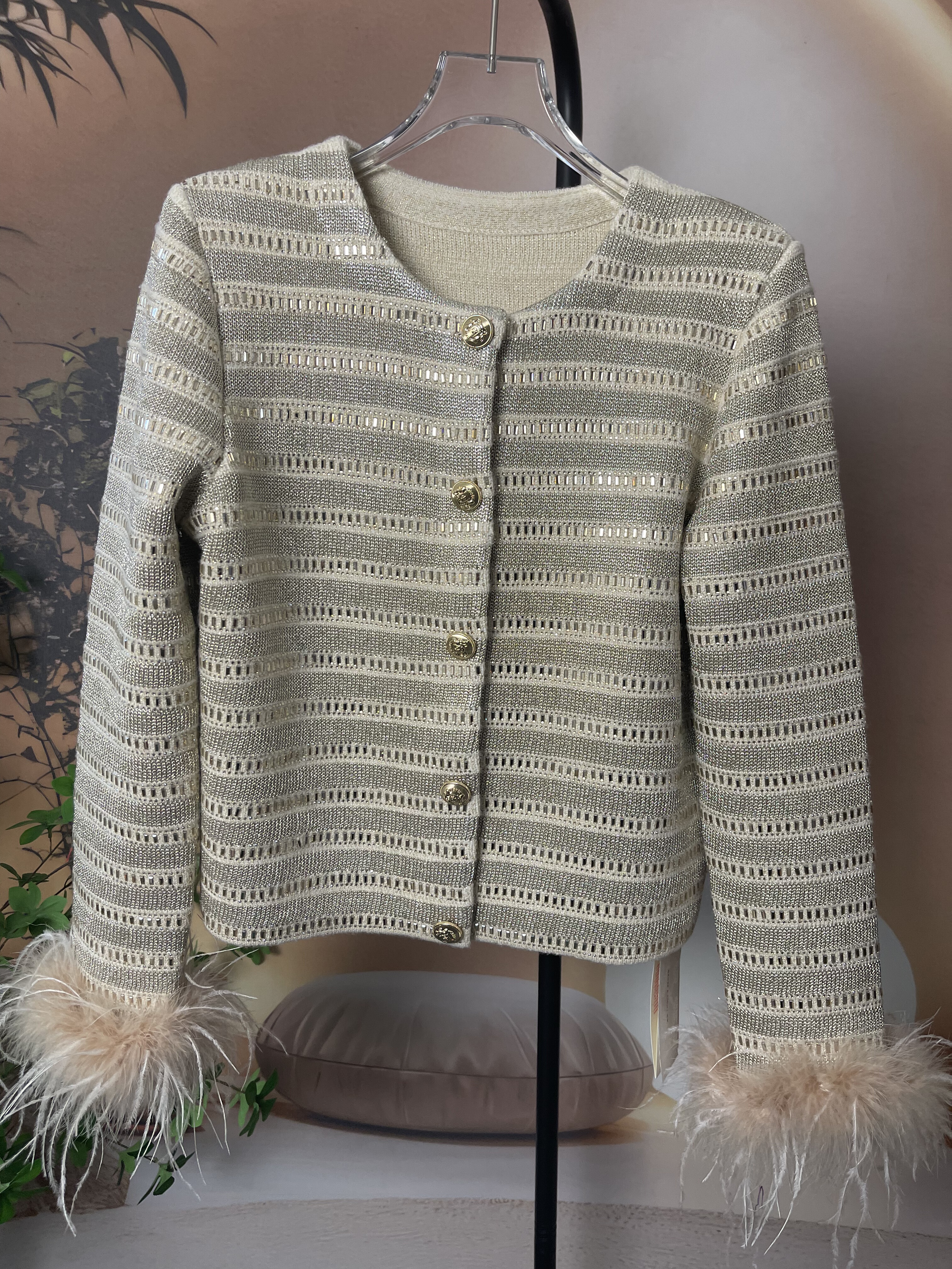 秋冬新款金丝线鸵鸟毛拼接修身显瘦气质小香风针织开衫半裙套装裙,女装/女士精品,毛针织衫,淘宝优惠券,粉丝福利购,淘宝优惠卷