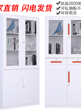 纯白黑色文件柜铁皮柜资料带锁矮柜书柜拆装彩色办公玻璃组合柜子