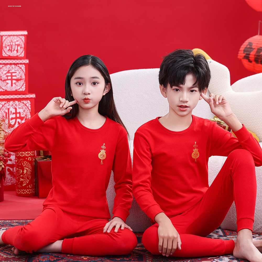 儿童本命年内衣套装秋冬男女童纯棉红色马年棉毛衫中大童秋衣秋裤
