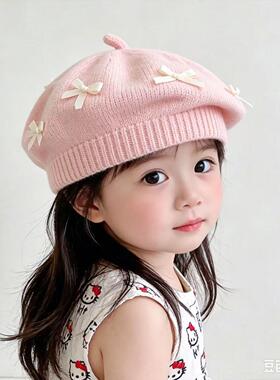 女童贝雷帽秋冬款甜美小小蝴蝶结保暖防风毛线帽女宝宝针织画家帽