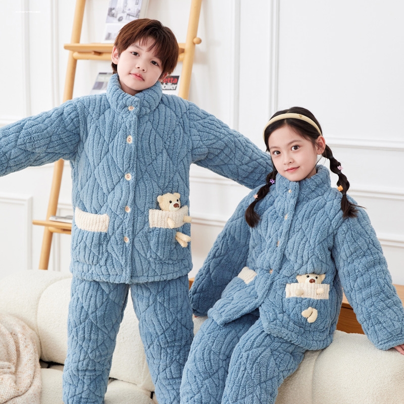 儿童三层夹棉睡衣7加绒加厚保暖法兰绒9男女童家居服外穿11岁冬季