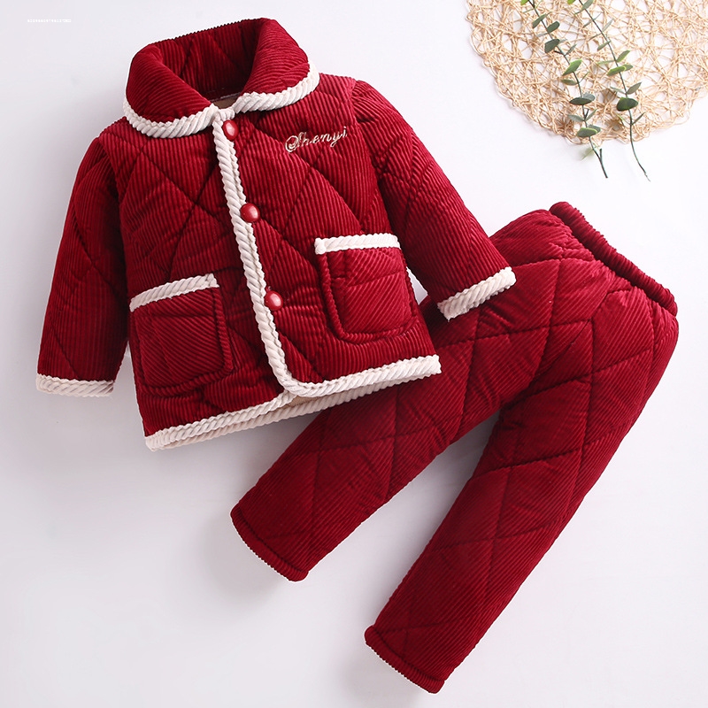 秋冬季1儿童2加厚岁3法兰绒6睡衣男女童男宝夹棉小童宝宝加绒套装