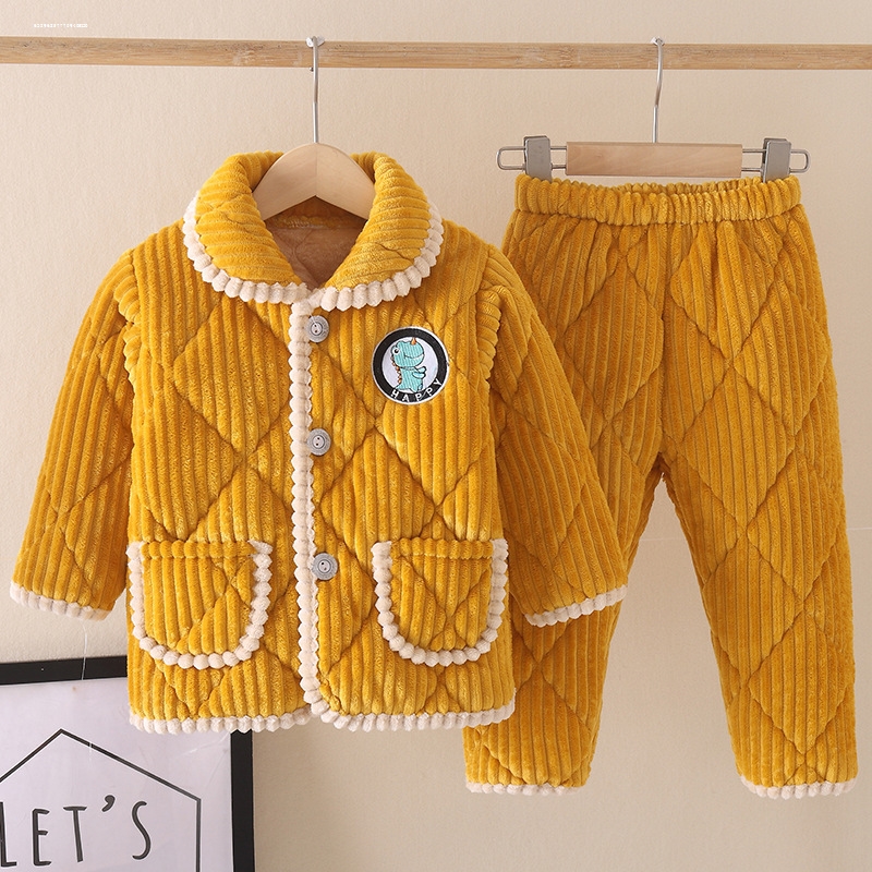 男童睡衣冬季加厚款儿童家居服冬三层夹棉法兰绒秋冬天中大童女孩