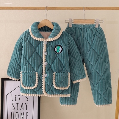 睡衣男童冬季加厚加绒三层夹棉可外穿法兰绒带帽保暖秋冬款家居服