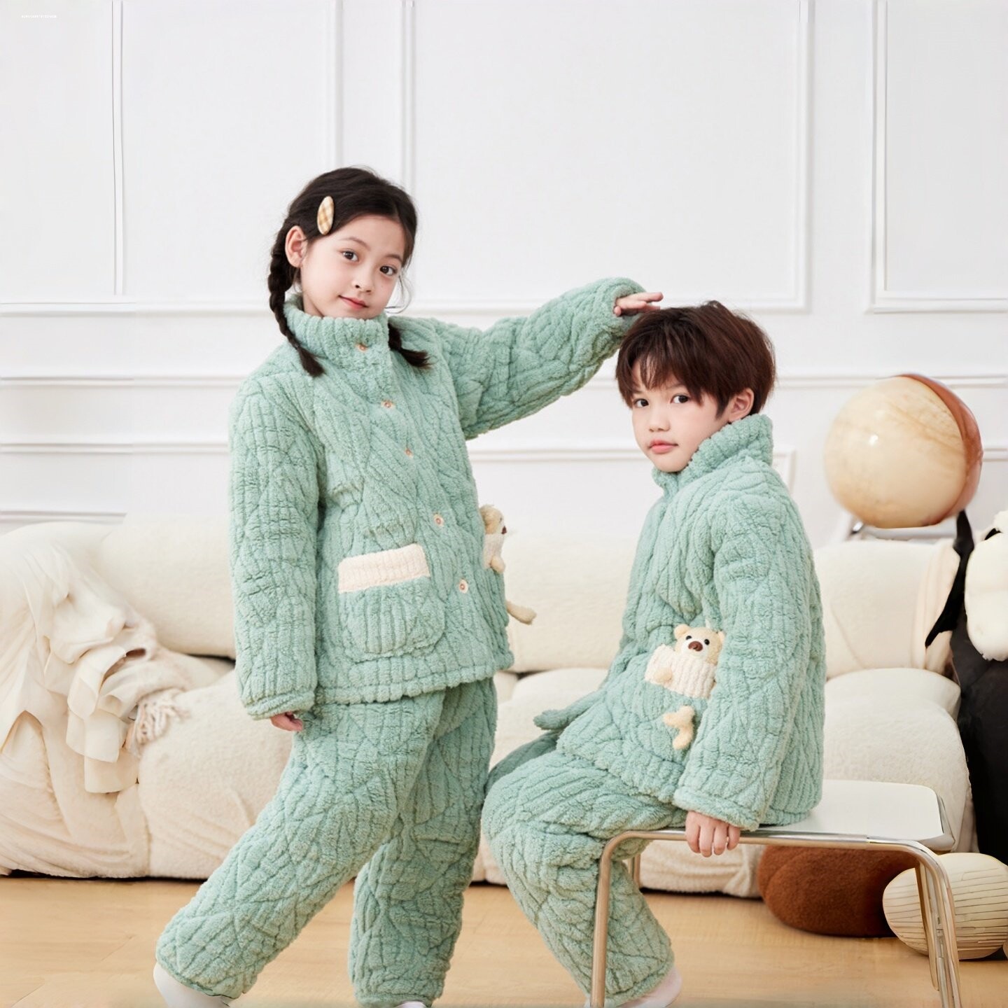 秋冬季1儿童2加厚岁3法兰绒6睡衣男女童男宝夹棉小童宝宝加绒套装