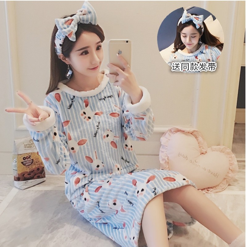 秋冬季可爱卡通珊瑚绒睡裙女韩版中长款加厚法兰绒连体睡衣家居服