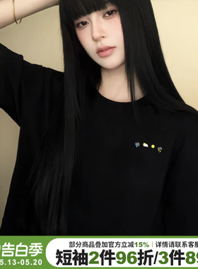小众ins风设计感宽松黑色正肩t恤女短袖宽松显瘦重磅纯棉半袖上衣