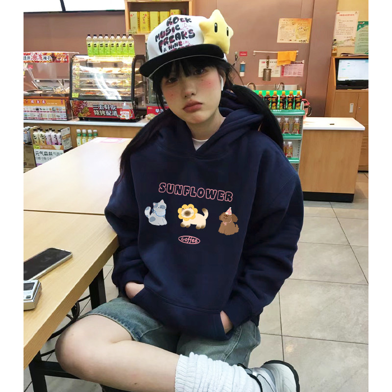 ulzzang可爱风减龄超显白藏蓝色连帽卫衣女宽松加绒加厚重磅上衣
