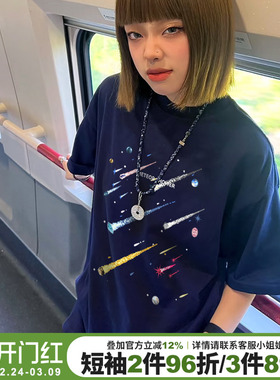 街头风小众潮牌藏蓝色短袖t恤女宽松显瘦超显白美式重磅半袖上衣