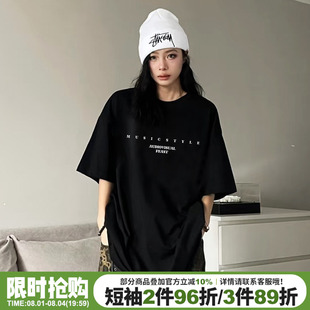 hiphop嘻哈风设计感字母印花黑色短袖女t恤大版宽松显瘦正肩上衣