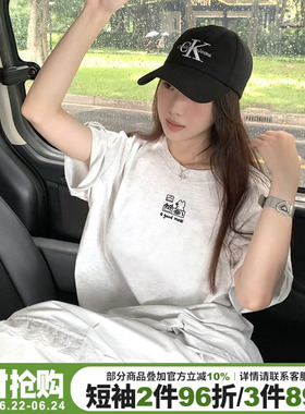 2026夏季新款高级感简约风花灰色短袖t恤女宽松休闲百搭正肩上衣
