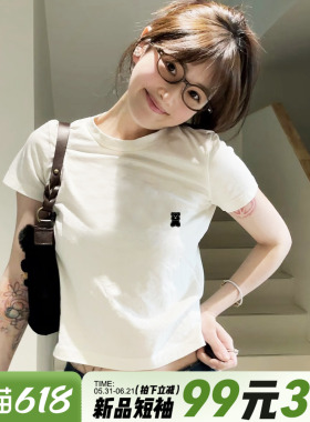 简约风百搭休闲纯棉白色短袖t恤女韩系减龄百搭显瘦短款半袖上衣