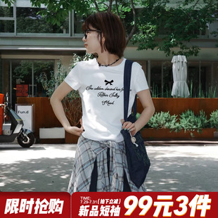 上衣 2025夏季 新款 蝴蝶结字母印花白色短袖 t恤女韩系简约百搭短款