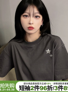 美式高街甜酷风星星印花深灰色短袖t恤女oversize大版宽松上衣潮