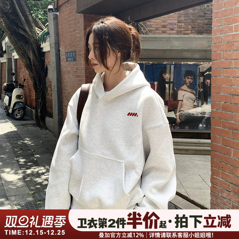 韩系休闲慵懒风花灰色连帽卫衣女2025新款高级感宽松简约帽衫外套