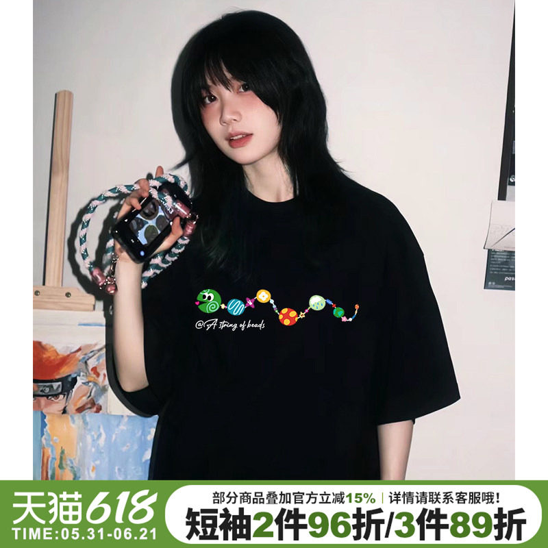 设计感卡通潮牌黑色短袖t恤女2026蛇年限定款bf宽松大版正肩上衣