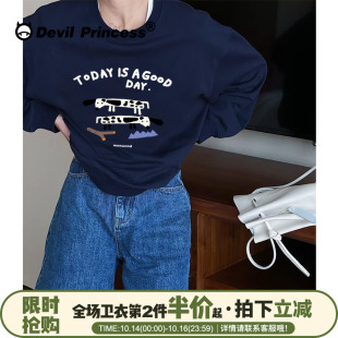 ulzzang小众ins风显白藏蓝色衣女vintage卡通潮牌宽松薄款 上衣秋