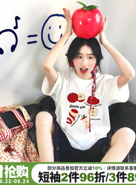 韩系学院风卡通印花白色短袖t恤女夏季宽松减龄小个子纯棉上衣潮