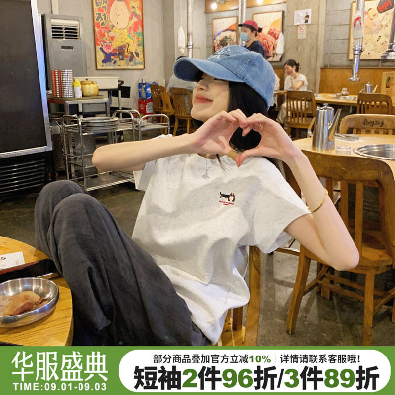 小众高级感宽松正肩花灰色短袖女图片