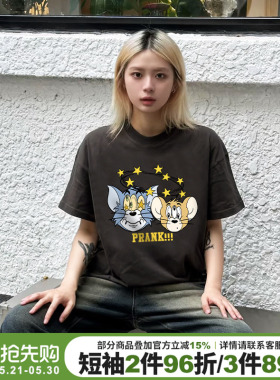 美式复古卡通印花深灰色短袖t恤女夏季新款宽松百搭重磅纯棉上衣