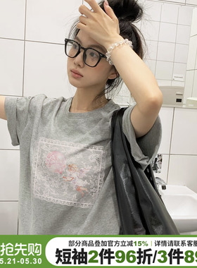 街头甜酷休闲风灰色短袖t恤女小众设计感蕾丝天使印花纯棉上衣潮