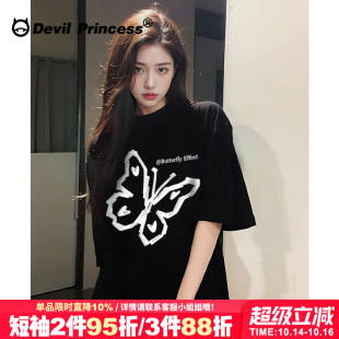 百搭通勤上衣 新款 设计感高街潮牌蝴蝶印花黑色正肩t恤女短袖 夏季