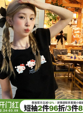 2025新款甜美风Kitty猫印花黑色短袖t恤女宽松显瘦小个子短款上衣