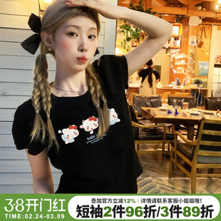 2026新款甜美风Kitty猫印花黑色短袖t恤女宽松显瘦小个子短款上衣