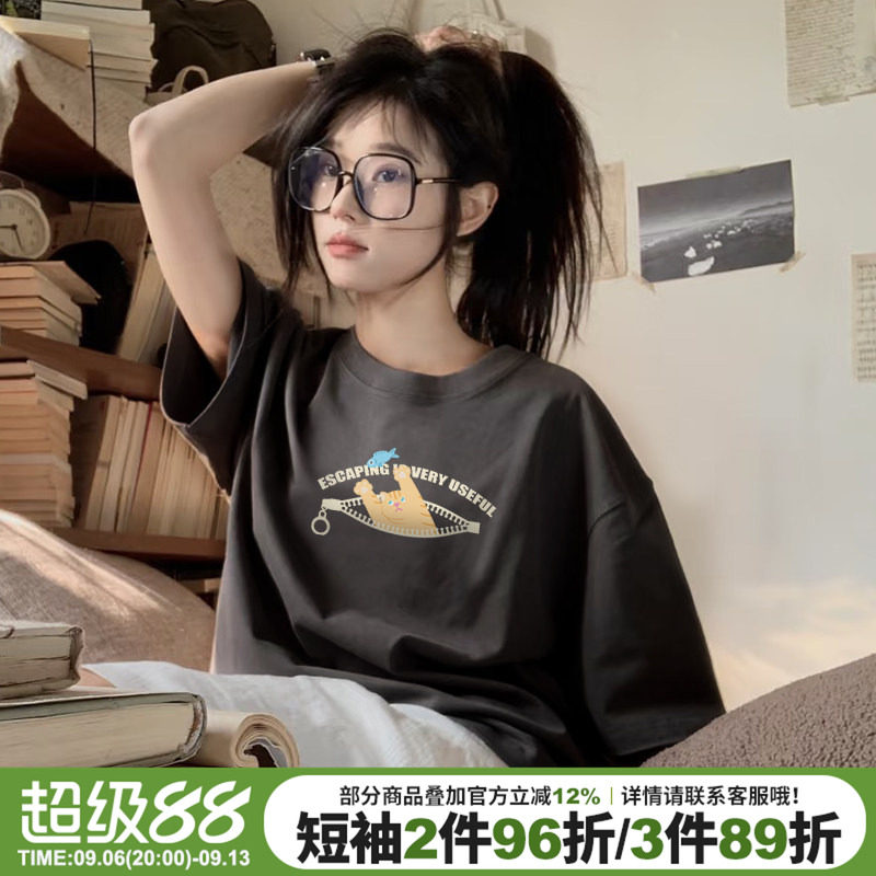 韩系设计感卡通印花纯棉半袖上衣图片