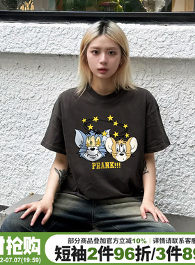 美式复古卡通印花深灰色短袖t恤女夏季新款宽松百搭重磅纯棉上衣