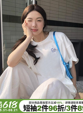 高级感简约纯棉白色短袖t恤女韩系慵懒风夏季宽松百搭打底衫上衣